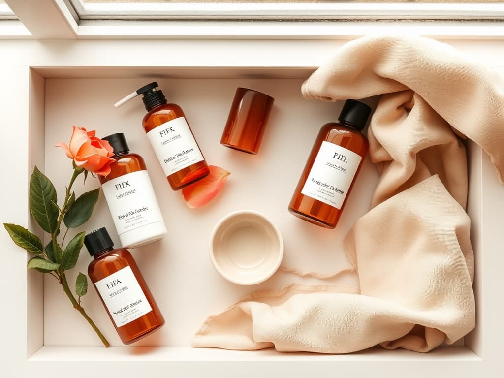 Overhead flat lay of a curated skincare shelf in warm terracotta and cream tones